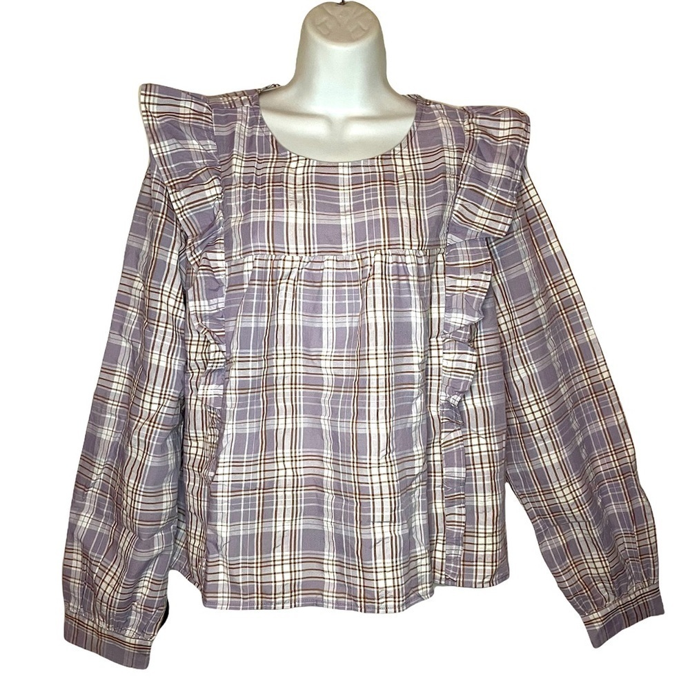 NWT Ann Taylor LOFT |peasant Frosted Lavender Plaid Ruffle Cropped Blouse